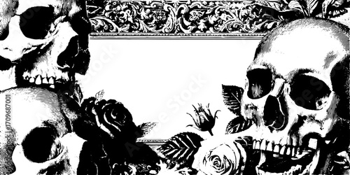 Skull and rose set in black and white. Detailed vector illustration featuring decorative floral elements in a classic gothic style.
