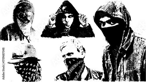Group of men in hoods and masks. Black and white vector illustration showcasing anonymity with an urban style.