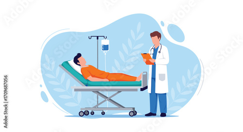 Doctor attending to patient in hospital bed with iv drip and medical equipment scene