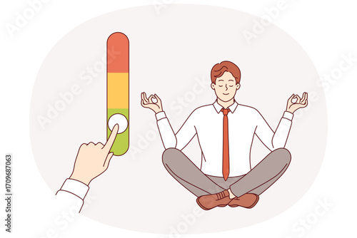 Business man uses meditation to manage stress and regulate emotions, maintaining psychological balance. Guy manager has stress management skills, practices yoga and sits in lotus position