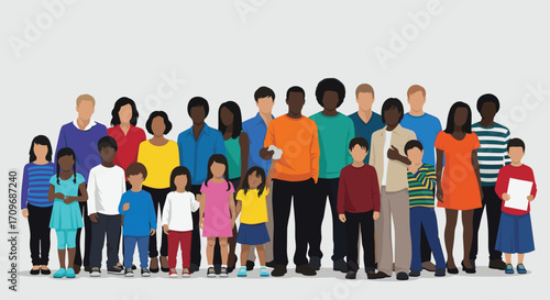 A diverse group of people of various ages and ethnicities standing together.