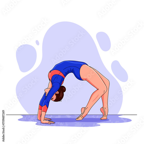 Athletic Woman Performing a Gymnastic Bridge Pose in Blue Leotard.