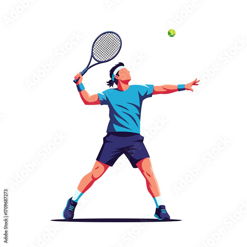 Athletic Male Tennis Player in Mid-Serve Motion with Racket and Ball.