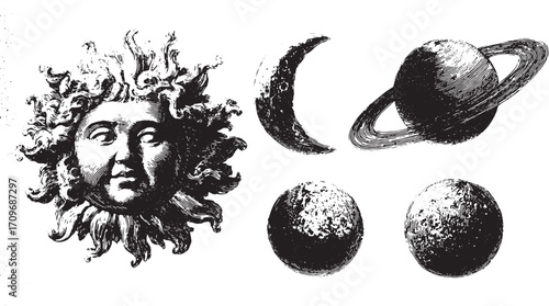Vector illustration of celestial bodies, including the sun, moon, and planets. Vintage engraving style in black and white set.