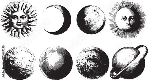 Celestial bodies including the sun, moon, and planets in vintage engravings. Set of detailed line drawings for a classic vector illustration.