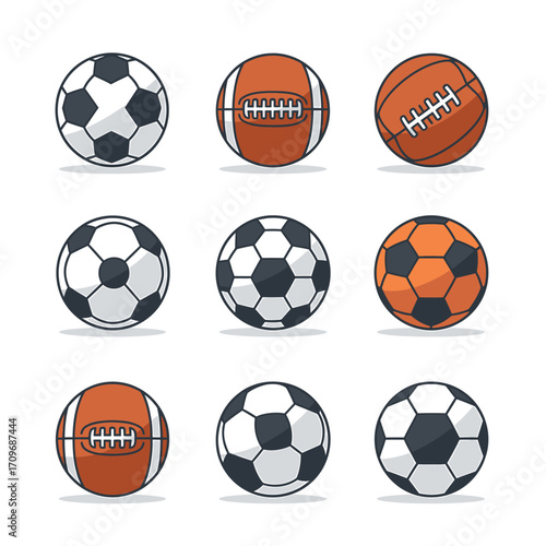 Cartoon sports balls set - classic soccer, American football, and textured basketball designs.