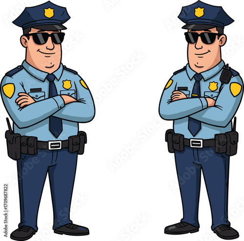Cartoon police officers, smiling law enforcement characters, blue uniform illustration, security personnel artwork, friendly cops drawing, vector style, sunglasses, teamwork