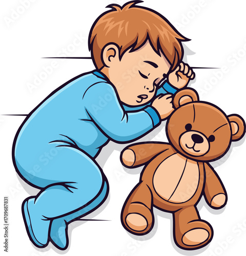 Toddler Boy Sleeping Soundly with Beloved Teddy Bear