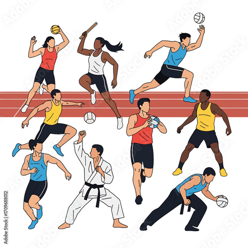 Diverse Athletes in Action - Dynamic Sports Illustration with Various Poses.