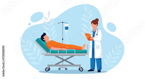 Doctor consults patient lying on stretcher in modern medical clinic hospital setting