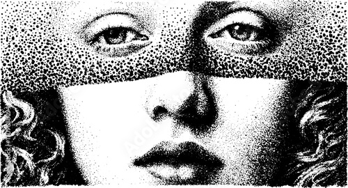 Artistic black and white portrait illustration featuring intricate dot shading and fine line details. This vector artwork combines modern and traditional styles.
