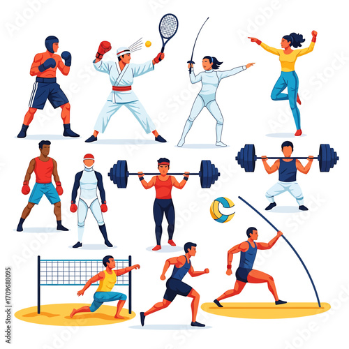 Diverse Cartoon Athletes Engaged in Various Sports Activities, Showcasing Dynamic Poses.