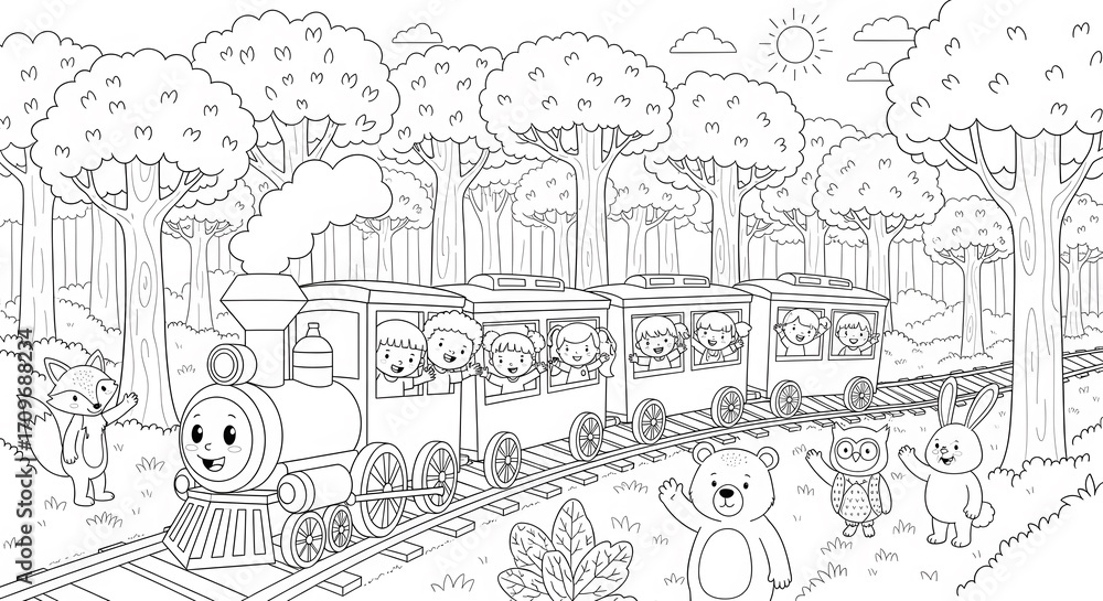 Fototapeta premium Cartoon Train Adventure: Children and Animals in Forest Landscape, Black and White Illustration