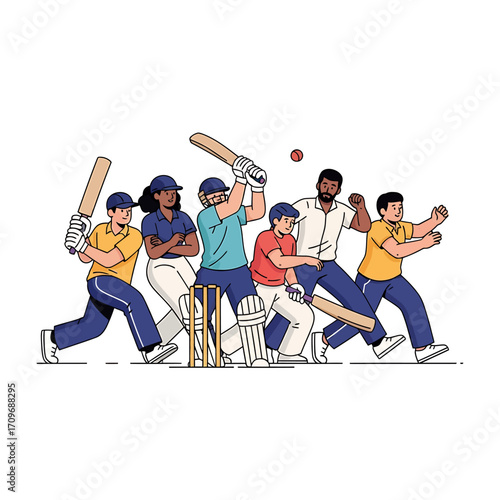 Diverse Group of Cricketers in Action, Batting, Bowling, and Fielding.