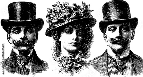 Vintage engraving illustration of three characters in a set, featuring two men and one woman with detailed hats and attire. This vector artwork showcases classic styles.