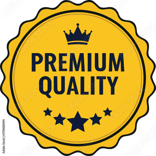 This eye-catching illustration features a badge design highlighting 'Premium Quality.' The badge is round with a scalloped edge, adorned with a crown and stars, making it ideal for branding, product l
