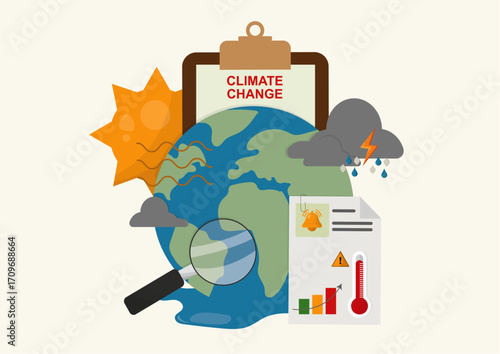 Climate Change research. Environmental data Analysis. Global warming concept. Climate action KPIs. Climate change performance metrics. Leadership in sustainability. Flat style. Vector illustration