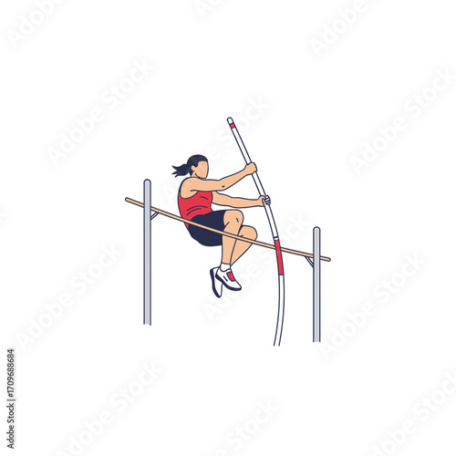 Female Pole Vaulter in Mid-Air, Gripping Pole, Performing Athletic Jump.