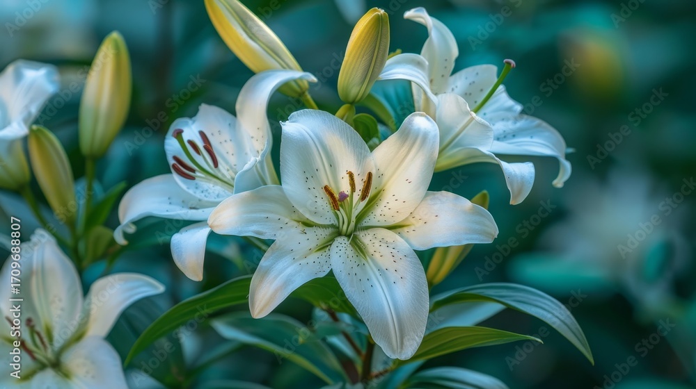 Elegant white lilies blooming against a rich dark green backdrop for a stunning contrast Elegant white lilies blooming against a rich dark green backdrop for a stunning contrast