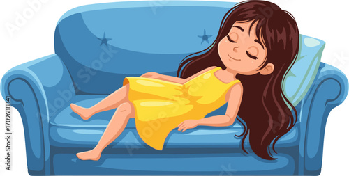 Young Girl Relaxing on a Blue Couch, Smiling Peacefully in Yellow Dress