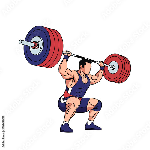 Powerful Weightlifter in Low Squat, Overhead Press, Detailed Illustration.