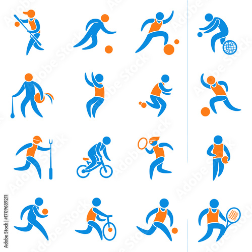 Stylized blue and orange sports icons collection, depicting various athletic activities and figures.