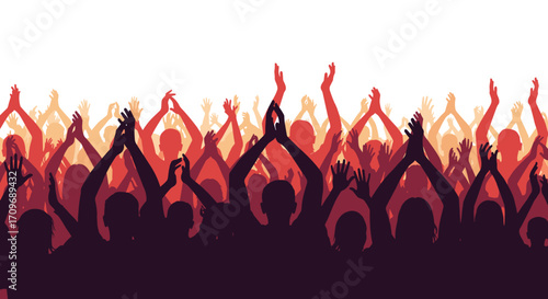 A large crowd of people cheering and clapping with their hands raised.