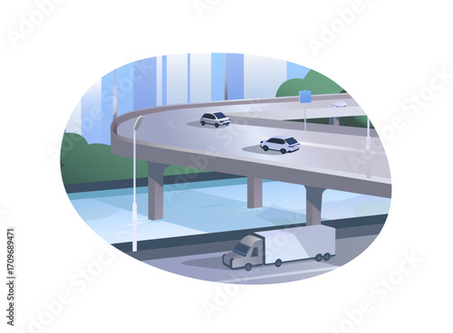 Highway interchange with driving cars. City landscape with roadway bridge. Automobiles are on modern road junction. Traffic on driveway overpass. Flat isolated vector illustration on white background