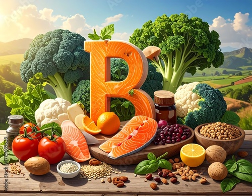 Vitamin B foods on wooden table