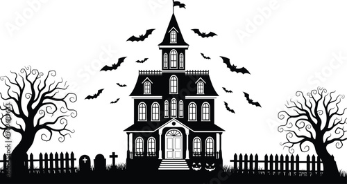 Spooky haunted house with flying bats, eerie twisted trees, pumpkins, graveyard fence, and creepy Halloween night vector illustration design.