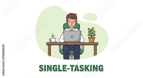 Focused person working efficiently on laptop at desk with plants and office supplies