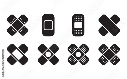 Black adhesive bandage icons on white background plaster