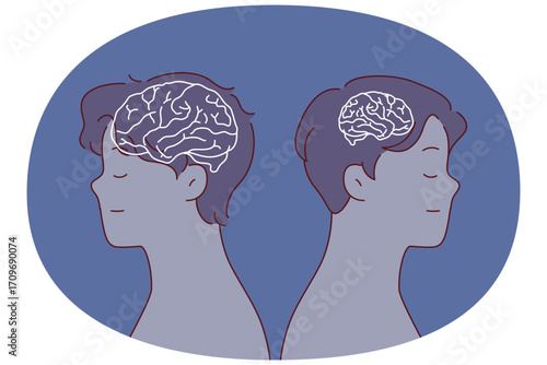 Stupid and smart man stand side by side, with silhouette of brain of different sizes, for concept of differences in people intelligence. Guy with giant brain, thanks to erudition, is next to fool