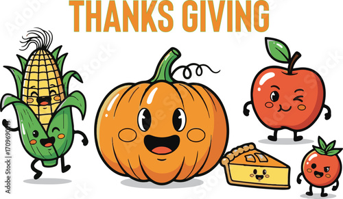 Cute thanksgiving characters featuring pumpkin corn apple pie and tomato celebrate autumn harvest
