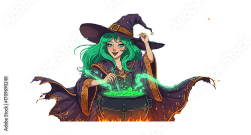The witch stirs the magic potion.
