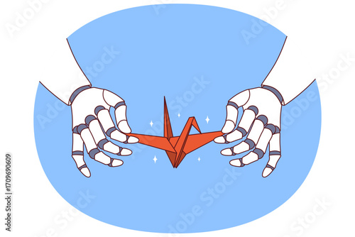 Paper swan in hands of robot demonstrating creative skills thanks to artificial intelligence training. Robot creates creative origami work using ai and neural networks or machine learning