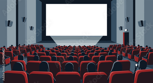 An audience sits in a darkened movie theater watching a blank screen.