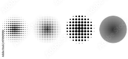 Halftone circle pattern set. Four black circular dot textures, abstract halftone design elements for posters, overlays, backgrounds, scrapbooks and modern decoration.