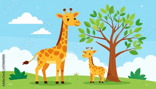 Cartoon giraffe family parent and baby, standing by a tree under a blue sky with clouds