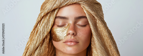 Golden facial wrap enhances beauty and radiance, showcasing serene expression
