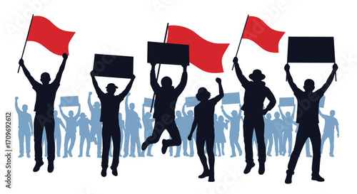 A group of people holding signs and red flags in a protest.