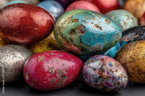 Close-up of colorful, textured Easter eggs