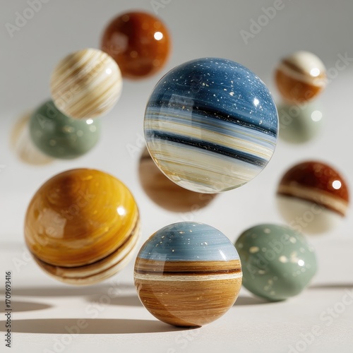 Floating ceramic spheres in various colors and patterns