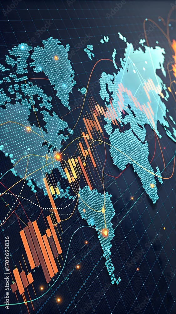 Obraz premium Global financial data visualization with world map, digital dots, bar graphs, and trend lines in modern abstract style on dark navy background