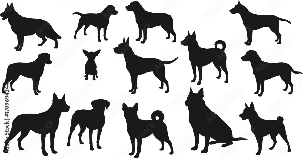 Fototapeta premium Assortment of Dog Breed Silhouettes in Various Poses on White Background canine animal