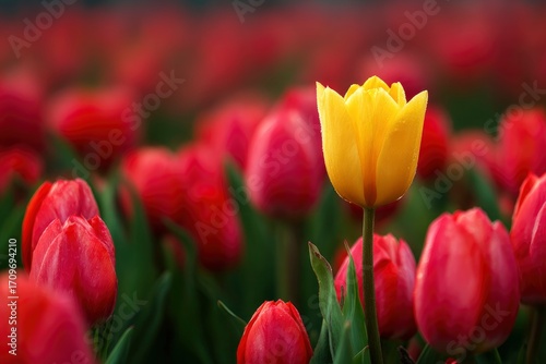 A yellow tulip stands tall amidst a field of red tulips