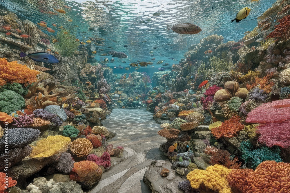 Fototapeta premium Underwater coral reef tunnel filled with vibrant fish