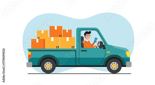 Man driving green pickup truck delivering cardboard box cargo goods service transportation