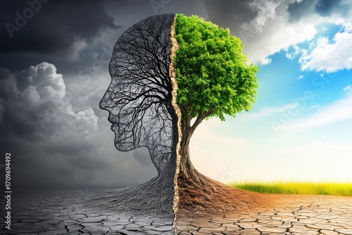A conceptual image showing a tree growing from a head with a split between life and death side
