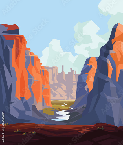 Vector illustration of a dramatic desert canyon with red rock formations and a winding river. Low-poly geometric style showing towering cliffs and a blue sky landscape.